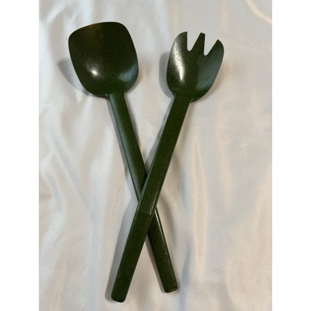 Vintage Flintwood Salad Serving Spoon Fork Set Green Speckled Melamine MCM